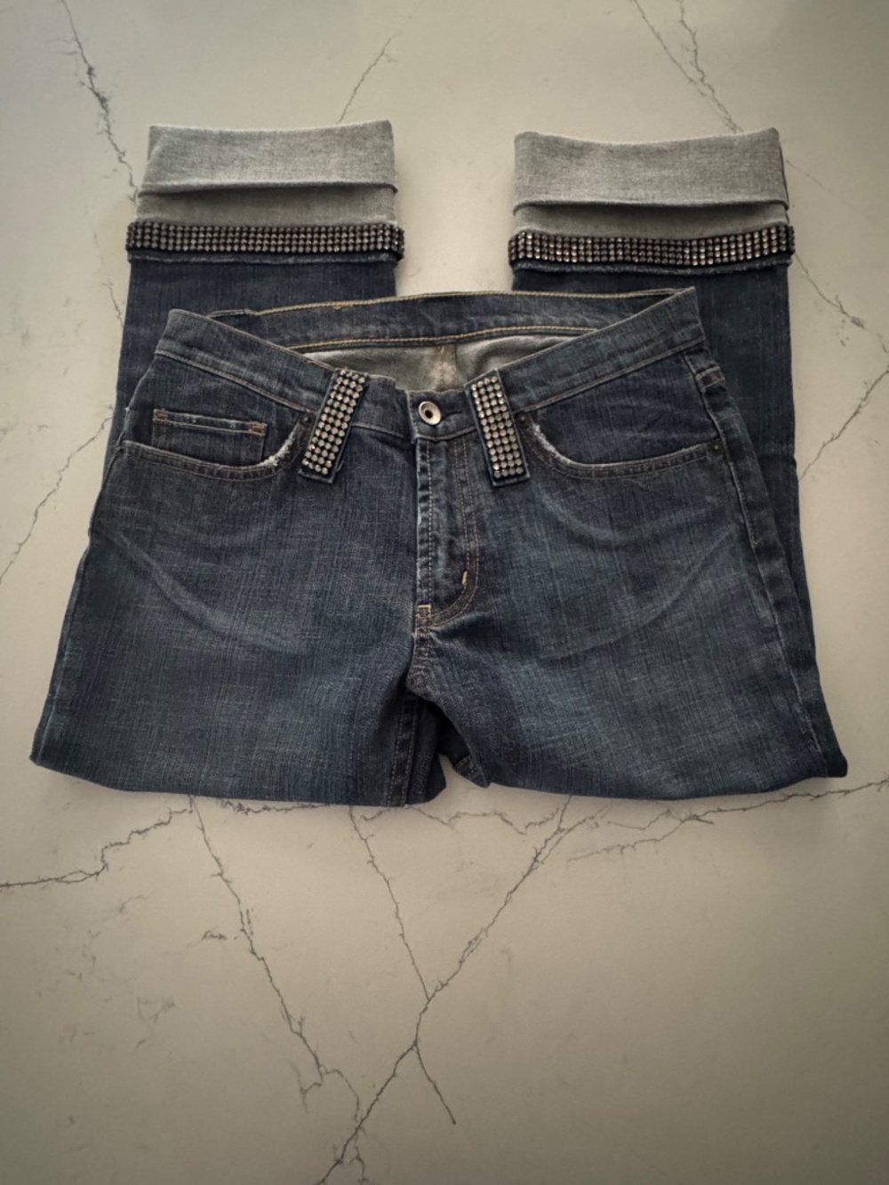 X2 Denim Laboratory Crop Double Cuffed Bootcut  Rhinestone Jeans Size 31 - Picture 9 of 10